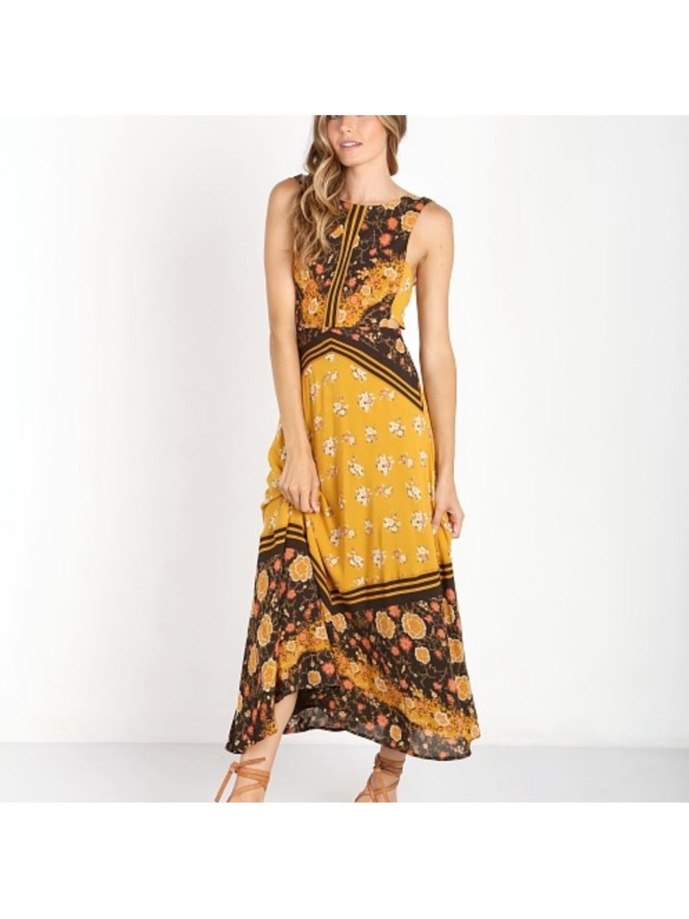 Floral Mustard and Black Sleeveless Maxi Dress - Picture 1 of 10
